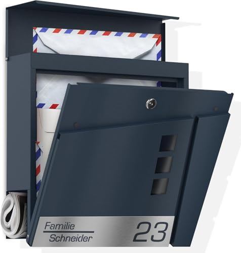 Graviers Design Briefkasten mit Zeitungsfach in Anthrazit RAL 7016 - Sichtfenster Postkasten personalisiert Edelstahl Namen Hausnummer Laserschnitt Gravur - Wandbriefkasten mit Schloss