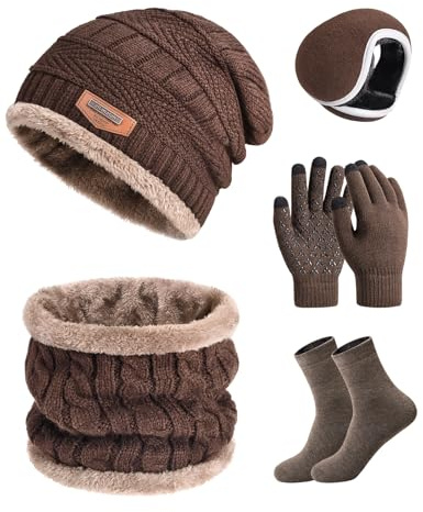 heekpek Herren Mütze Schal Handschuhe Ohrenwärmer Socken Set in Geschenkbox Thermo Gestrickt Wintermütze Loop Schal Touchscreen Handschuhe Herren Winterzubehör 5-teiliges Set, Braun