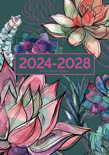 5 Year Diary 2024-2028 | A5 Gorgeous Vibrant Succulent Garden: Month to View Planner with UK Holidays, Vision Board, Moon Phases, Birthdays & Celebrations, Contacts, Passwords (Five Years)