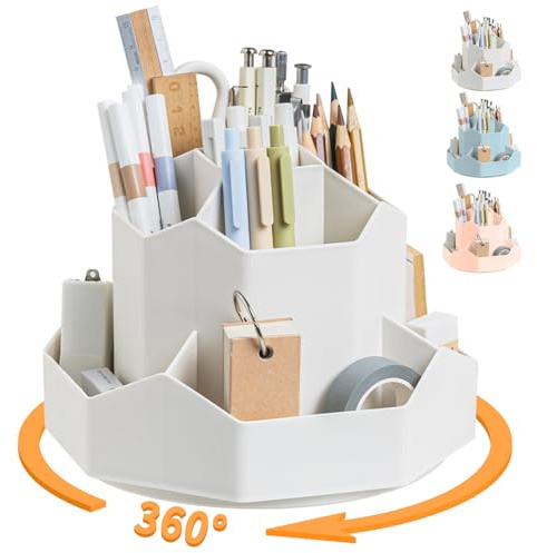 Cayxenful Schreibtisch Organizer Kinder, 360 Grad Drehbar Stifthalter mit 9 Fächer, Aesthetic Stifte Organizer für Bürobedarf, Schreibwaren, Zuhause Makeup (Weiß)