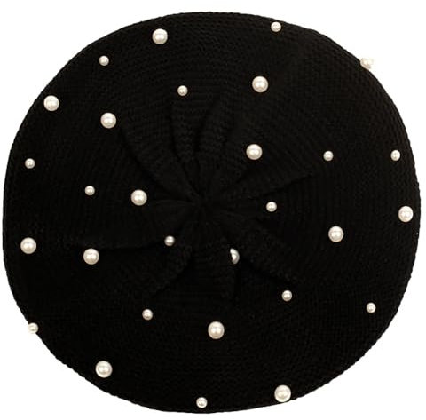 SOYNIA Barett Baskenmützen Für Herren Damenmode Pearl Beret Hut Lässig Dünne Acryl-Baskenmützen Für Damen, Einfacher Künstler, Strick Mützen Für Damen, Schwarz