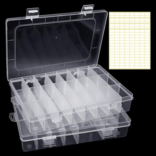Piuluvor® 2 STK 24 Fächer Sortierboxen für Kleinteile Aufbewahrungsbox Kleinteile mit Verstellbaren, Trennwänden Kunststoff Transparente Sortierboxen für Schmuck, Perlen mit 4 Aufkleber