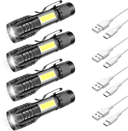 Lot de 4 lampes de poche LED rechargeables, puissantes professionnelles, 3 modes zoomables, COB petite poche à LED avec aimant, IP5 étanche pour camping militaire, randonnée, 1000 mAh, 4 PZ