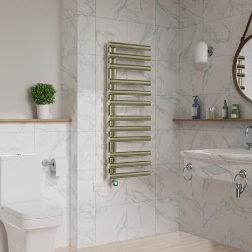 Warmehaus 1200x450mm Designer Thermostatic Electric Heated Towel Rail Oval Panel Bathroom Radiator with Timer Brushed Brass