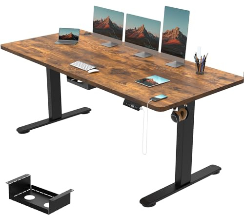 Devoko Höhenverstellbarer Schreibtisch 180x80 cm, 3 Memory-Handsteuerung mit USB-A, Elektrischer Schreibtisch Höhenverstellbar mit 18 MM Tischplatte, Sitz-Stehpult für Büro Homeoffice, Vintage-Braun