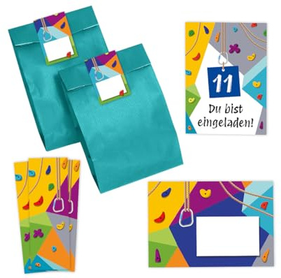 Minkocards 6 Einladungskarten zum 11. Kindergeburtstag Klettern Bouldern Mädchen Jungen Einladungen elfte Geburtstag incl. 6 Umschläge, 6 Partytüten/petrol, 6 Aufkleber, 6 Lesezeichen