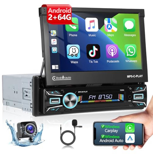 Podofo 1 Din Autoradio Android 15 e IOS Carplay 7'' 1080P IPS Touchscreen Manuale Capacitivo Auto Radio 2+64G con GPS WiFi Android Auto EQ +Telecamera Posteriore, Mic