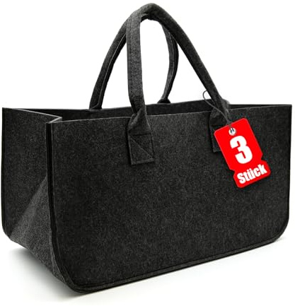 BigDean 3 Stück Filztasche groß in Anthrazit für Kaminholz Kaminholzkorb | oder als Einkaufstasche verwendbar – Tasche im leichten & kompakten Design – faltbarer Holzkorb