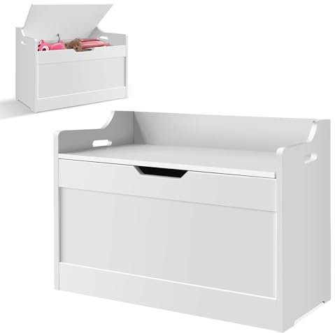 Bowose Toy Storage Box with Lid, Wooden White Toy Chest Lightweight Space Saving Organiser with Soft Close Hinge, Dual Side Handles Easy to Move, for Kid’s Room, Bedroom, Entryway, 62 x 40 x 46cm