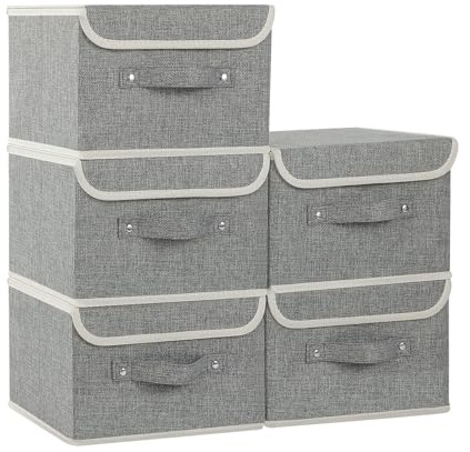 ENUMAIL Aufbewahrungsbox mit Deckel und Griff,26x20x17cm,Grau Boxen,5 Stück | Faltbarer Ordnungsboxen,Kleidung Organizer Box, Organisationsboxen mit Griff,für Kissen Kleidung Decken Bettdecken