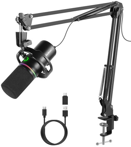 FerBuee Microphone Dynamique USB XLR avec lumière RGB, contrôle du Volume, Bouton muet, Prise Casque 3,5 mm, Compatible avec mixeurs, artes Son, PC, Mac, PS4, PS5 (Microphone avec Bras)