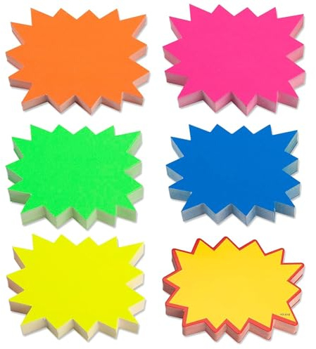 Bamyli 300 st Starburst-skyltar fluorescerande prisskyltar, prislappar, detaljhandels prisetikett garage försäljningstillbehör taggar för detaljhandelspriser, 6 färger, 9 x 7 cm