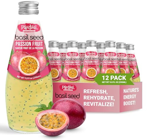 Pardesi Basil Seed Drink Passion Fruit Flavor 290ml 9.8 Fl Oz | Pack of 12 (117.6 FL Oz ) | Naturally Refreshing & Cooling | Rich in Antioxidants, Fiber & Omega-3 | Real Basil Seeds for Digestive Health & Hydration.