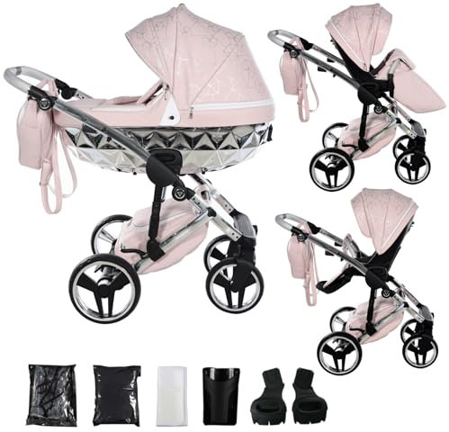 Junama Kinderwagen Diamond Heart 2in1 3in1 4in1 (06 - Rosa und Silber, 2in1 mit Adaptern)
