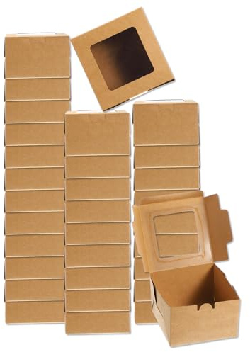 QUARKZMAN 32 Stück Seifenverpackungsschachteln 3,9x3,9x2,6 Zoll Kraftseifenschachtel mit Fenster geschenkschachtel für Bäckerei Süßigkeitenverpackung Schmuckdisplay (Quadratisch, Braun)