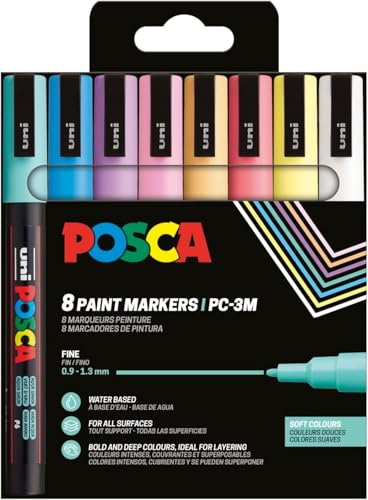 POSCA 186552 POSCA-märkpennor – 8 akrylpennor PC-3M permanenta markörer – 0,9–1,3 mm rund spets