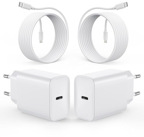 Lot de 2 chargeurs USB C Rapides 20 W + câble Type C vers Lightning de 2 m, Prise USB c Adaptateur compatibles avec iPhone 16/15/14/13/12 Pro Max Mini, Samsung Galaxy S23/S22 et AirPods Pro
