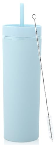 Volhoply Juego de vasos de plástico alargados de 20 onzas, vasos de doble pared con tapa y pajita, taza de café helado reutilizable para viajes, botellas de agua de acrílico mate sin BPA con pajita