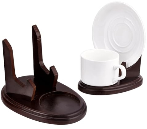 PH PandaHall 2 soportes de madera para tazas de té y platillos de madera, color marrón, soporte organizador de platos de madera para mesa de cocina, decoración artística, 5.9 x 3.8 x 4.4 pulgadas