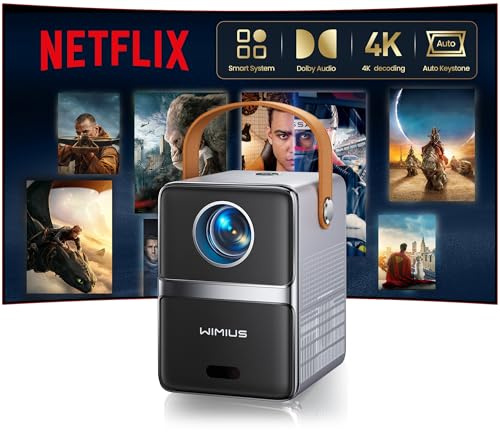 Smart Mini Projector with WiFi and Bluetooth【Compatible with Netflix/Portable/4K Supported】Dolby Audio,Auto Keystone & Electric Focus Outdoor Movie Projectors,WiMiUS Native 1080P HD Proyector