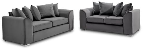 Furniture 786 Grey Sofa Set - 3 and 2 Plush Velvet Fabric Settees - Modern Design 3 Seater and 2 Seater Suites - Comfy Scatter Back Sofas for Living Room TV Lounge and Indoors
