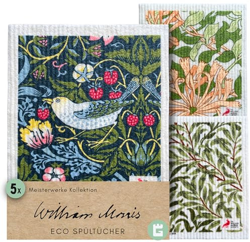Grünschloss Art Spüllappen Bedruckt Original William Morris Meisterwerke (5X Set) Einzigartige Kunst Spültücher waschbar Zellulose & Baumwolle Putztücher saugstark & nachhaltig
