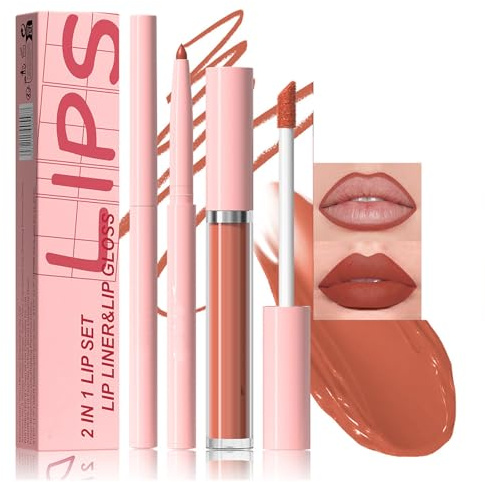 Matte Lip Liner And Gloss Duo In Burnt Orange - Waterproof Long Lasting Liquid Lipstick With Precision Pencil And Non-Sticky Gloss For A Smooth Defined Finish, Highly Pigmented Lip Stain And Tints