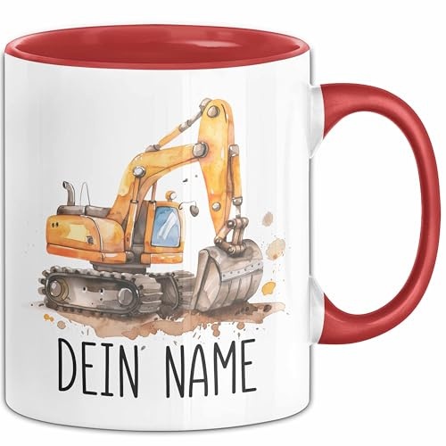 Bagger Tasse mit Namen – Personalisierte Tasse Geburtstag Geschenkidee süßes Baggermotiv Namenstasse (Rot)