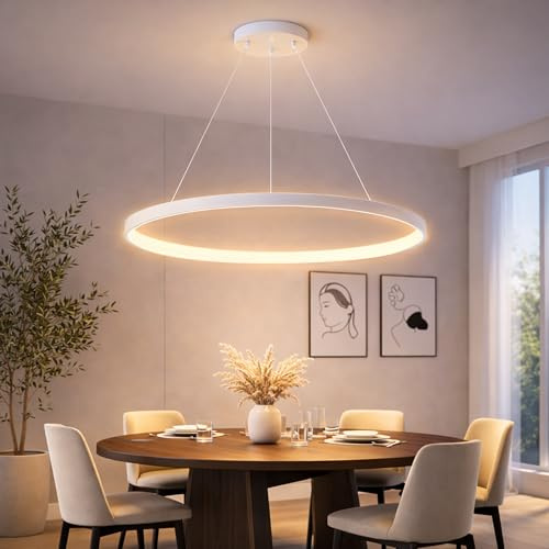 GSALDY LED Pendelleuchte Esstisch Hängeleuchte Ring 22W Weiß 60cm | Hängeleuchte Mit 3 Farbtemperaturen Modern Aluminium Kronleuchter Hängend 160cm Höhenverstellbar Für Esstischlampe Küchen