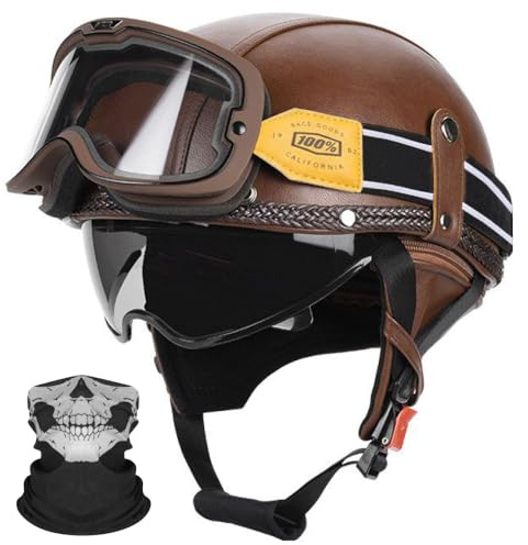 Motorrad Jethelm Halbhelm mit Visier & integrierter Sonnenblende – ABS Motorradhelm mit Lederoptik, abnehmbare Ohrpolster, komfortabler Rollerhelm für Damen & Herren M-XXL (G, XXL 61~62CM)