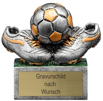 Pokal mit Gravur Wunschtext, Sportfigur mit Ball, 8,5 cm | Personalisierte Auszeichnung für Fußball WM & Sport Events, inkl. Marmorsockel, Geschenk-Trophäe für Kinder