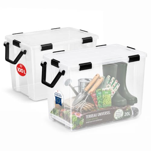 Iris Ohyama Große Luftdichte Aufbewahrungsboxen, 100L, 2er-Set, AT-100 | Transparent, mit Griff und Rollen, Hermetischer Verschluss, 6 Clips, für Außenbereich, Garage, Keller, Kleider, BPA-frei
