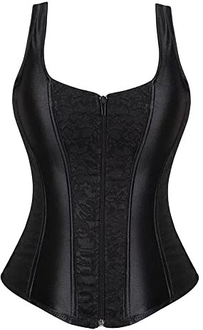 Schwarz Korsett Corsage Top Damen Corset Bustier Mit Träger Elegant Reißverschluss Vintage L