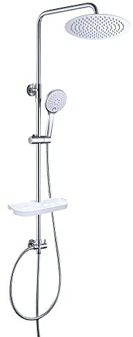 JOHO Regendusche Duschsystem ohne Armatur, Rain Shower Duschset Überkopfbrauseset aus Edelstahl mit Ablage Chrom(Kopfbrause D20 Rund)