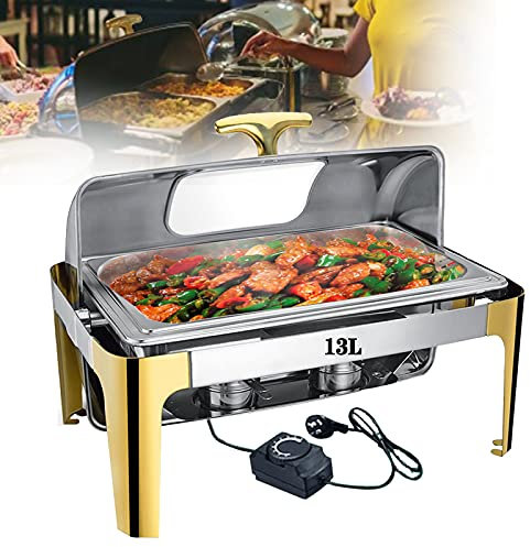 Chafing Dish Buffet, Servidor Calienta-Platos de Buffet de Acero Inoxidable para Partido Hotel, Chafing Dish Electrico con Tapa Visible para Comercial y Domestico (9L/13L)