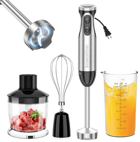 Bonsenkitchen Immersion Blender Handheld with Food Processor, 20 Speeds Hand Blender with Turbo Mode, Stainless Steel Blade, Egg Whisk, Beaker & Chopper Bowl, Hand Mixer for Smoothie, Soup, Baby Food