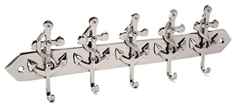 NKlaus Schlüsselhaken Anker, 5-fach, Messing vernickelt, 25x7cm, 1 Stück | Maritimer Schlüsselhalter; Gewicht 190g
