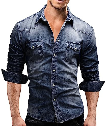 Geagodelia Camicia Casual da Uomo in Denim Camicia Jeans a Manica Lunga Elegante Maglietta in Denim Top Moda M-3XL Regalo (Blu Scuro, XXXL)