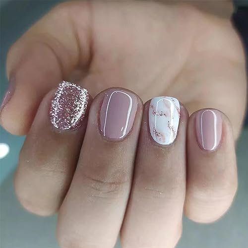 24pcs Short False Nails Glitter Pink Stick on Nails White Marble Press on Nails Removable Glue-on Nails Fake Nails Acrylic Full Cover Nails Women Girls Nail Art Accessories