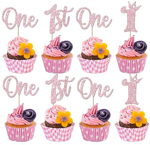 SYKYCTCY 24 Pack One Birthday Cupcake Toppers Glitter Happy 1st Birthday Cupcake Picks Crown Happy Birthday Cake Decorations for First Baby Shower Anniversary Party Supplies Pink