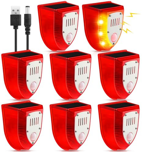Qualirey Lot de 8 détecteurs de mouvement solaires avec son - Détecteur de mouvement extérieur - 129 dB - Lumière stroboscopique - Pour maison, villa, cour, ferme
