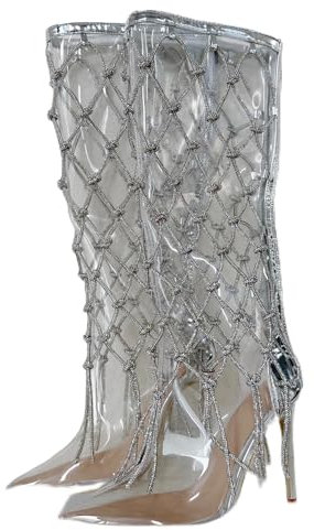 Frankie Hsu Stivali sexy da donna con tacco alto a stiletto, argento vernice trasparente PVC strass corda reti largo polpaccio grande taglia US5-14 scarpe per ragazze calde, Argento, 47 EU