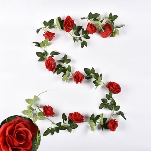 Treer Künstliche Rose Girlande 230cm Blumengirlande Deko, 2 Stück Künstlich Pflanze Blätter Kranz und Willow Blätter Girlande für Zimmer Balkon Garten Hochzeit Party Wand Hängend (Rot)