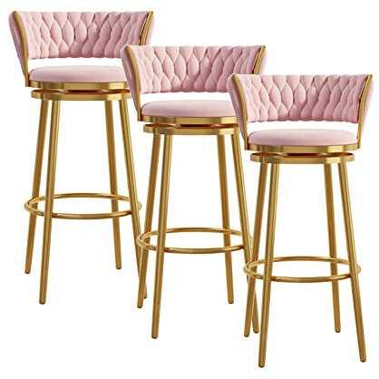 Rosafarbene gepolsterte Thekenhocker 3er Set Modern 29,5 in 360° Drehbar Barstühle mit Gold Metall Chrom Basis für Küche und Esszimmer