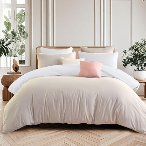 Soifox King Size Duvet Cover Sets Beige and White, 3 Piece Microfiber Reversible King size Bedding Bed Sets, Soft and Non Iron Quilt Duvet Covers with 2 Pillowcases 50x75cm