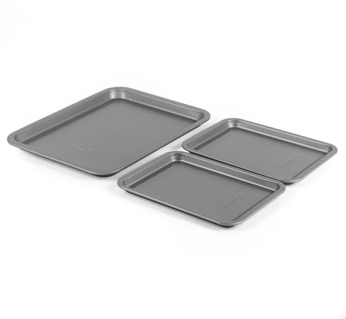 Salter Essentials 3-Piece Baking Tray Set – 1 x 31cm, 2 x 23 cm, Non-Stick Oven Sheets, Dishwasher Safe, Made in The UK, Lightweight, Durable Carbon Steel, 5 Year Guarantee, Silver