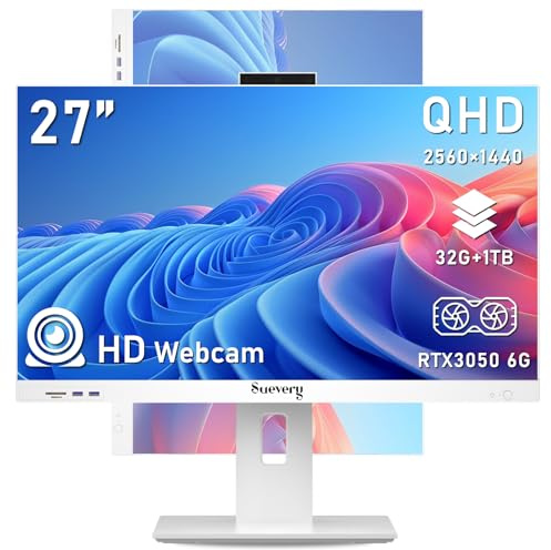 suevery 27 Inch 2K All-in-One Desktop Gaming PC Business All one Prebuilt AIO Computer Core i5-13400F(Up to 4.6G) 1TB SSD 32G RAM RTX 3050 6G Graphics WiFi 6 2K 120Hz QHD White
