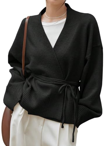 GORGLITTER Kofta damer kort stickad kappa med bälte vinterrock elegant omlotttopp omlottjacka vintermode blusjacka affärskläder, svart, S