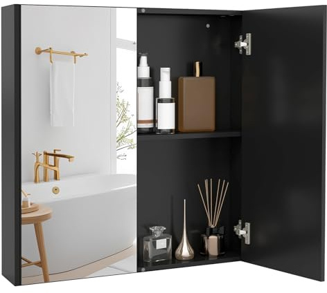 LIFEZEAL Mobiletto Bagno Salvaspazio con Contenitore, Specchio HD, Pensile Bagno Sospeso Nero, Specchiera da Muro a 2 Ante, Armadietto, Mobile con 2 Ripiani, Moderno, in Legno, 62x11,3x65 cm