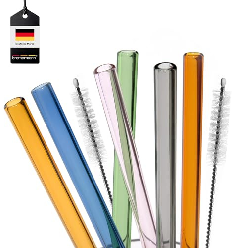 bremermann 6er Set Glas-Trinkhalme, Cocktail-Set, Verschiedene Längen, wiederverwendbar, transparent oder bunt, inklusive 2 Reinigungsbürsten (bunt, 25 cm)